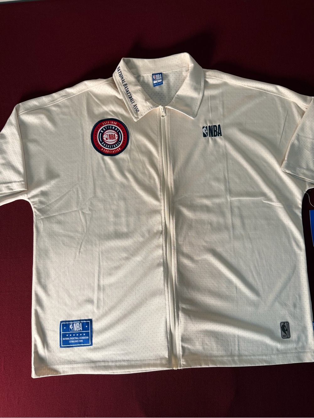 NBA Cream Lightweight Full Zip Short Sleeve Collared Shirt w/ Logos